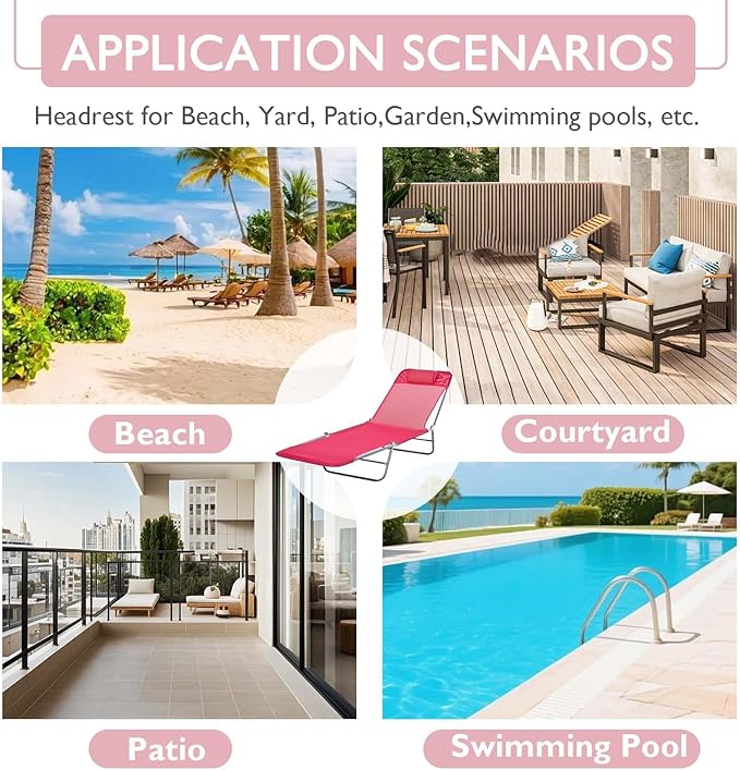 3-in-1 Heavy Duty Tanning Chair with Face Hole Adjustable 5-Position Folding Chaise Lounge Chairs Portable Lay Flat Beach Lounge Chair for Outdoor Sunbathing Patio Pool Lawn Camping Deck (Pink 2)