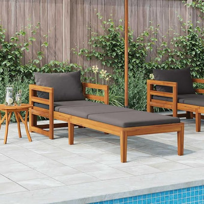 79.5" Acacia Wood Outdoor Chaise Lounge with Adjustable Armrests, Gray Cushion, 26.8" Wide Rectangular Patio Lounger for Garden, Poolside, Balcony or Porch Seating