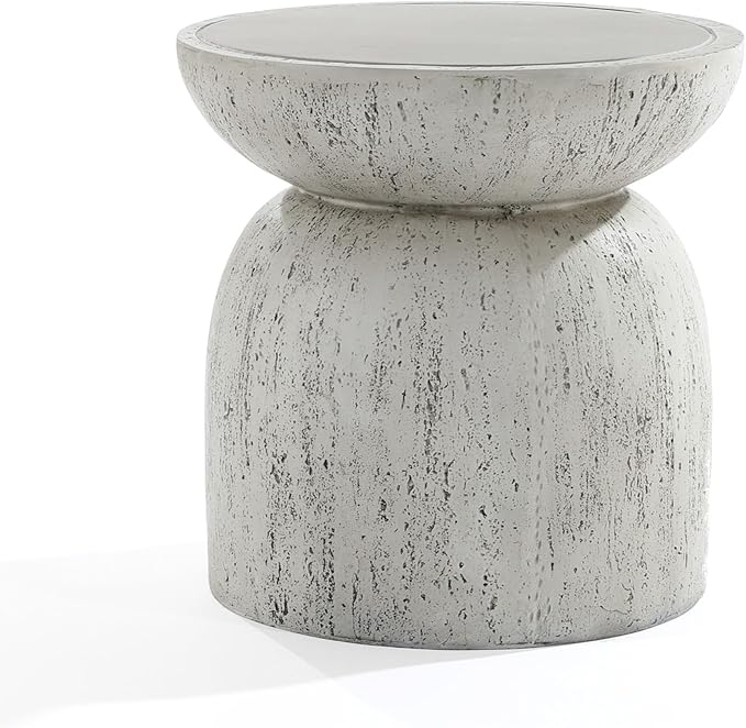 LuxenHome Rustic Outdoor Side Table, 16'' Concrete Small End Tables, Off White and Gray Weathered Accent Table for Patio - Photo 3