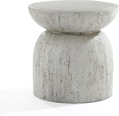 LuxenHome Rustic Outdoor Side Table, 16'' Concrete Small End Tables, Off White and Gray Weathered Accent Table for Patio, Indoor, Poolside, Backyard, Outside, Decorative Garden Stool, Plant Stand