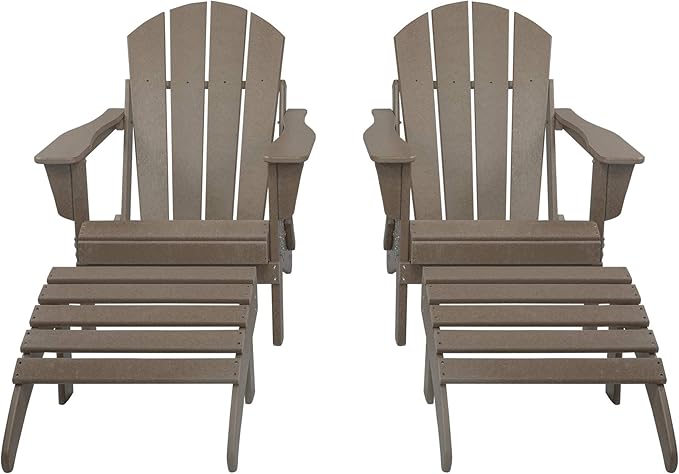 WestinTrends Malibu Outdoor Lounge Chair Set, 4-Pieces Adirondack Chair Set of 2 with Ottoman, All Weather Poly Lumber Patio Lawn Folding Chair for Outside Pool Beach, Weathered Wood