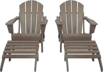 WestinTrends Malibu Outdoor Lounge Chair Set, 4-Pieces Adirondack Chair Set of 2 with Ottoman, All Weather Poly Lumber Patio Lawn Folding Chair for Outside Pool Beach, Weathered Wood
