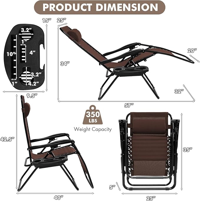 Giantex Zero Gravity Reclining Chair, Outdoor Patio Recliner with Cup Holder & Removable Pillow, Adjustable Backrest, Indoor Lounge Chair for Backyard, Garden, Poolside (Brown)