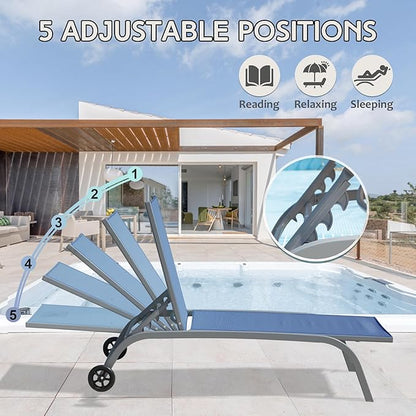 Domi Pool Lounge Chairs Set of 3, Adjustable Aluminum Outdoor Chaise Lounge with Wheels Patio Lounge Chairs with Side Table, All Weather for Deck Lawn Poolside Backyard-Navy Blue Textilene