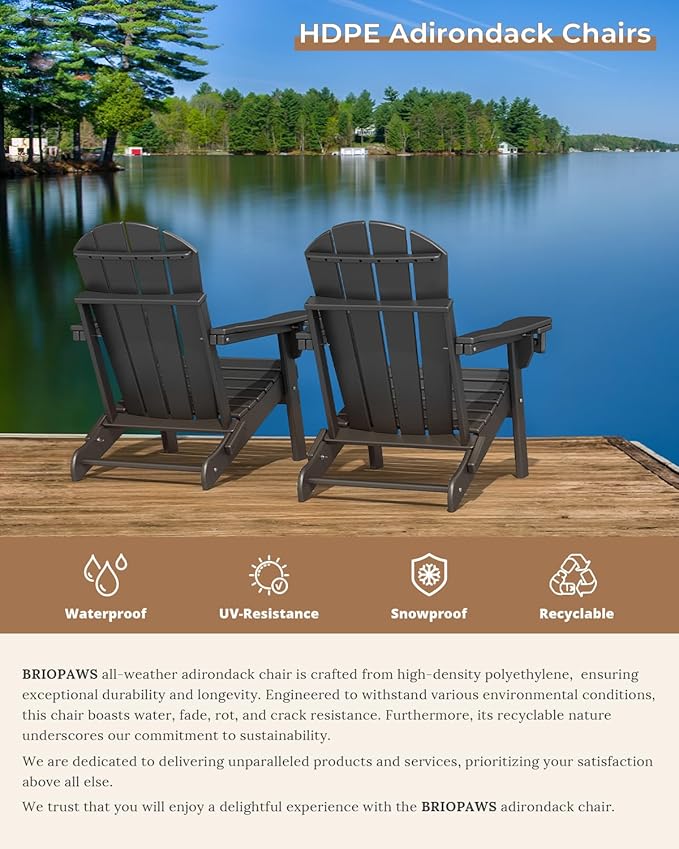 BRIOPAWS Folding-Adirondack-Chairs Set of 4 | HDPE | Fire Pit Chair | Cup Holder | Weather Resistance | Black | for Outdoor Backyard Deck Patio