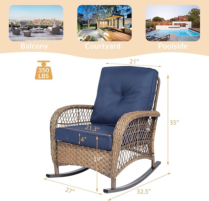 Outdoor Wicker Rocking Chair with Thickened Cushions, All-Weather Rattan Patio Rocking Chairs - Photo 2
