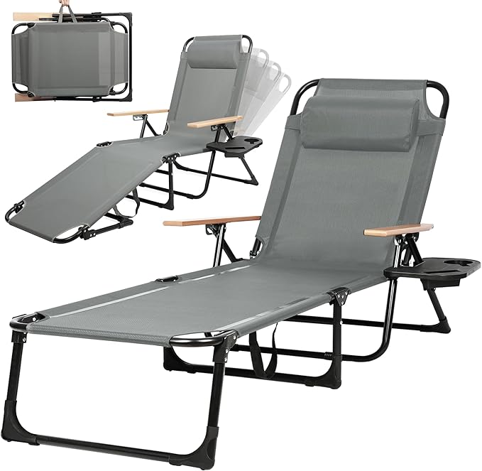 Outdoor Chaise Lounge Chair with 4-Position Adjustable Backrest, Patio Folding Sun Tanning Chair, Pillow & Cup Holder, Portable Recliner Sunbathing Lounger Chairs for Pool Beach Lawn Garden (Grey)