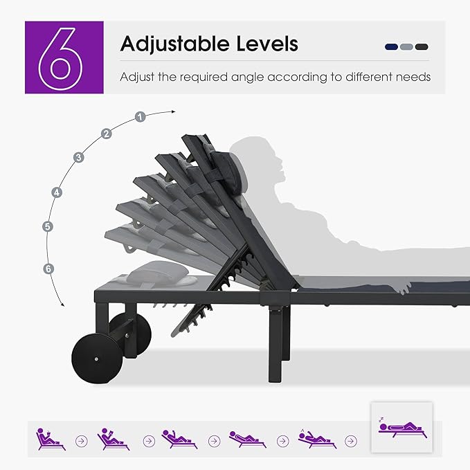 PURPLE LEAF Tanning Chair with Face Hole Pillow and Wheels Headrest Aluminum Patio Chaise Lounge Chairs Adjustable 5-Position Lay Flat Outdoor Sunbathing Lounge Chair for Beach Pool Navy Blue