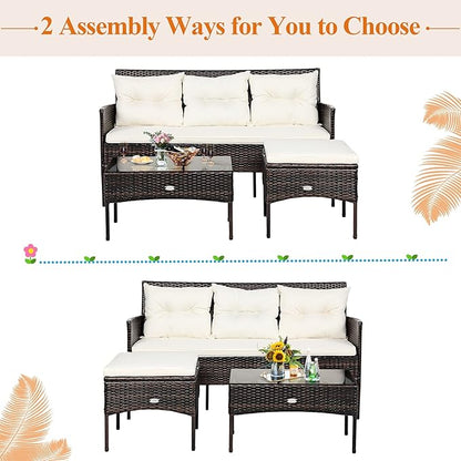 Tangkula 3 Pieces Patio Conversation Set, Outdoor PE Rattan Wicker Furniture Set W/Cozy Cushions, All Weather Sectional Sofa Set W/Tempered Glass Coffee Table for Poolside, Backyard, Garden