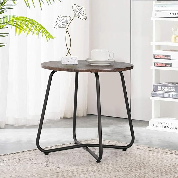 VECELO Patio Table,17.7" Small Round Outdoor Side Table,Wood Top with Anti-Rust Metal Frame Coffee Table for Garden Balcony,Yard,Bistro,Living Room