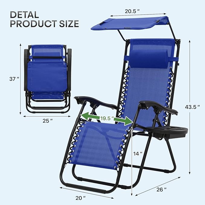 Athena Collection Patio Chairs Set of 2 Reclining Lounge Chair with Cup Holder and Pillow Fabric Camping Chairs with Canopy Foldable Beach Chairs for Garden, Park, Deck, Yard, Poolside, Blue