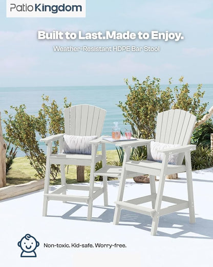 Tall Adirondack Chairs Set of 2, Bar Height HDPE Deck Chairs with Connecting Trays & Umbrella Hole, Weatherproof Patio Bar Stools for Balcony, Garden, White