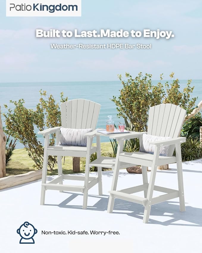 White HDPE Tall Adirondack Chair Set of 2 with Beige 9FT Patio Umbrella, All-Weather Outdoor Bar Height Chairs with Trays & Umbrella Hole for Garden, Balcony, Lawn