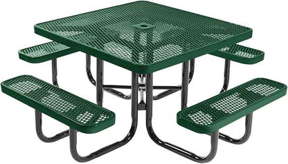 COATEDOUTDOORFURNITURE Heavy-Duty Portable Outdoor Picnic Table with Umbrella Hole, Expanded Metal Commercial-Grade Patio Dining Furniture Made in America (46" Square Top, Green)
