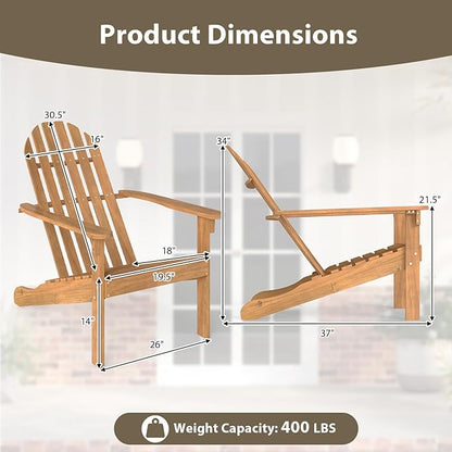 Tangkula Outdoor Adirondack Chair, Solid Acacia Wood Fire Pit Chair with Inclined Backrest, Curved Seat & Wide Armrests, Wooden Lawn Chair for Porch, Patio, Garden, Backyard, Deck (2, Natural)