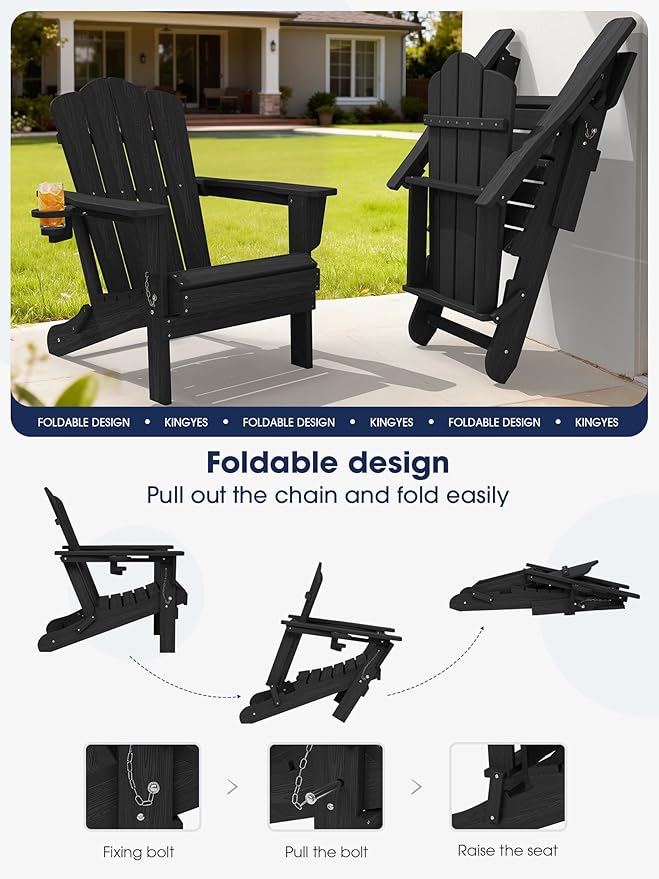 KINGYES Folding Adirondack Chair Set of 4, HDPE All-Weather Patio Chairs with Cup Holder - Photo 4