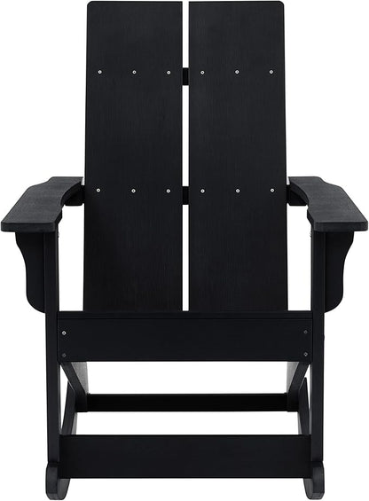 EMMA + OLIVER Harmon Adirondack Rocking Chair - Black Poly Resin - Suitable for Indoor/Outdoor Use - All Weather Materials - Easy Assembly - 350 lb. Weight Capacity
