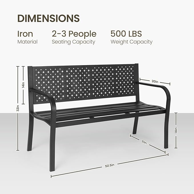 BODIOO Patio Metal Garden Bench Outdoor Park Benches, Iron Steel Frame Chair Mesh Pattern 500 lbs - Park Yard Front Porch Bench Path Yard Outside Lawn Decor Deck Furniture, Black