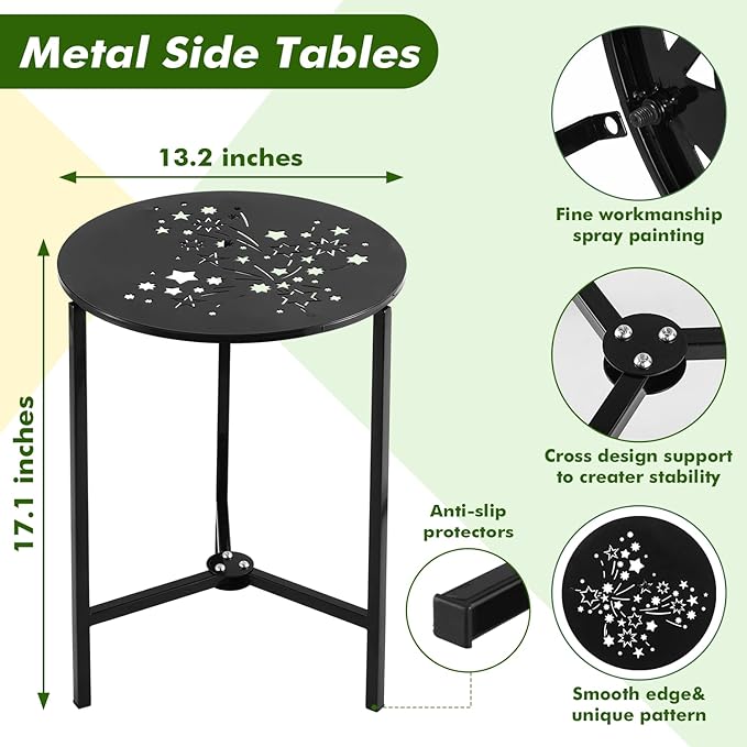 Party Zealot Set of 2 Small Round Metal Side Tables 13 Inches Black Outdoor End Tables for Patio, Balcony - Photo 3