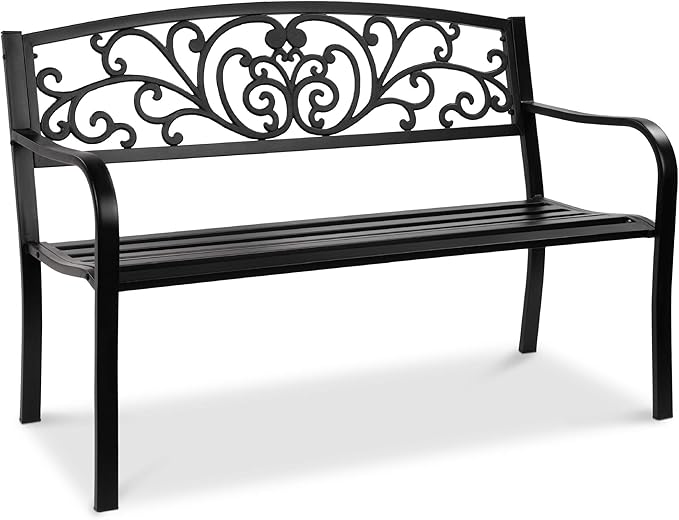 Best Choice Products Outdoor Bench Steel Garden Patio Porch Furniture for Lawn, Park, Deck w/Floral Design Backrest - Photo 1