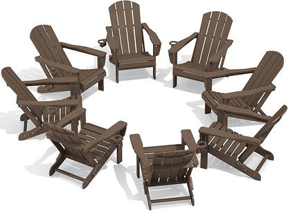 SERWALL Folding Adirondack Chair Set of 8, Adjustable Adirondack Chair with 3 Recline Positions, All Weather HDPE Outdoor Adirondack with Cup Holders, Coffee