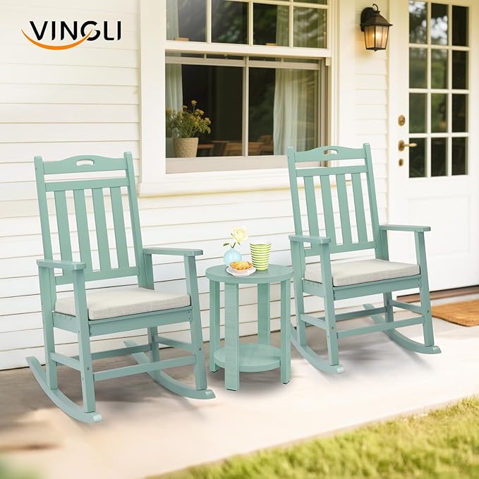 VINGLI Outdoor Rocking Chair, Heavy Duty 450 lbs Poplar Wooden Rocking Chair with High Backrest Design, Come with a Cushion, All-Weather Lounge Rocker Support for Garden, Deck (Mine Green, 2 PCS)
