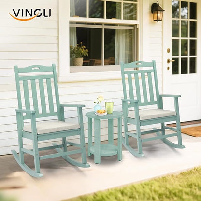 VINGLI Outdoor Rocking Chair, Heavy Duty 450 lbs Poplar Wooden Rocking Chair with High Backrest Design, Come with a Cushion, All-Weather Lounge Rocker Support for Garden, Deck (Mine Green, 2 PCS)