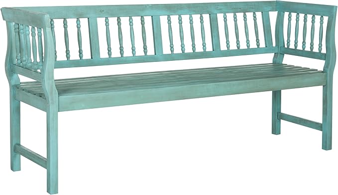 SAFAVIEH Outdoor Patio Furniture Collection – Brentwood Blue & Beige Distressed Acacia Wood Bench with Silver Accents, Classic Outdoor Seating for Porch or Garden (PAT6732D)