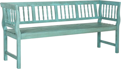 SAFAVIEH Outdoor Patio Furniture Collection – Brentwood Blue & Beige Distressed Acacia Wood Bench with Silver Accents, Classic Outdoor Seating for Porch or Garden (PAT6732D)