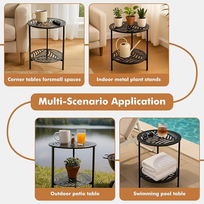 13" Two-tiered Metal Round Side Tables Small Black Outside End Table for Patio Round Accent Garden Corner Stand for - Photo 5