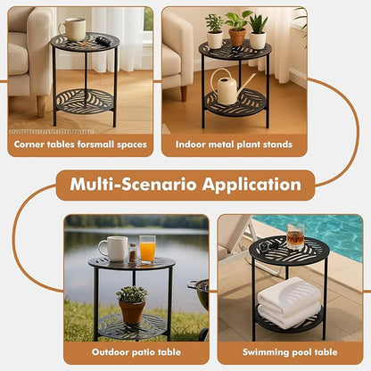 13" Two-tiered Metal Round Side Tables Small Black Outside End Table for Patio Round Accent Garden Corner Stand for Small Spaces Weather-resistant Outdoor Coffee Table for Balcony Porch Plant Stand