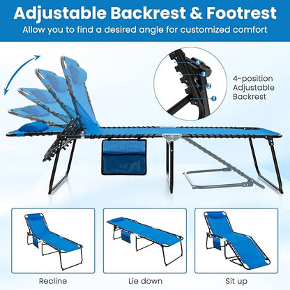 GYMAX Lounge Chairs for Outside, Extra High Folding Beach Tanning Lounger with Adjustable Backrest, Footrest & Removable Pillow, Sunbathing Lounge for Patio, Poolside (2, Navy with Pocket)