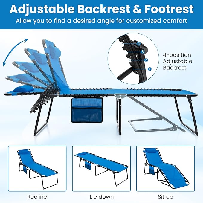 COSTWAY Folding Chaise Lounge Chair, Foldable Pool Lounger with 4-Position Adjustable Backrest, 2-Position Footrest & Soft Pillow, Patio Tanning Chair for Beach, Poolside (1, Navy)