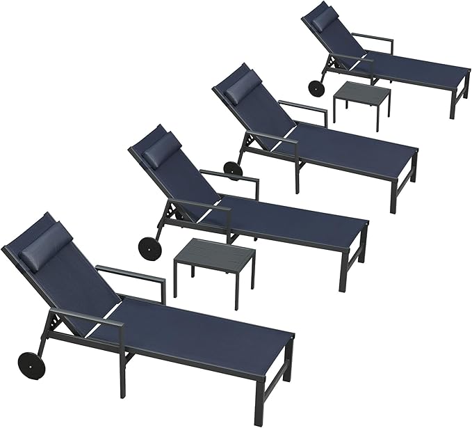PURPLE LEAF Patio Lounge Chair Set Outdoor Chaise Lounger Aluminum Frame with Armrest 2 Side Table and Wheels for Pool Outside Sunbathing Tanning Recliner Including Pillows Navy Blue