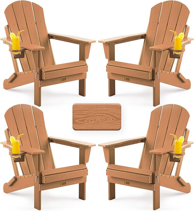 Folding Adirondack Chair, Patio Chair Wood Texture, Outdoor Chair Weather Resistant, Fire Pit Chair with Cup Holder, Composite Adirondack Chair Set of 4(Teak)