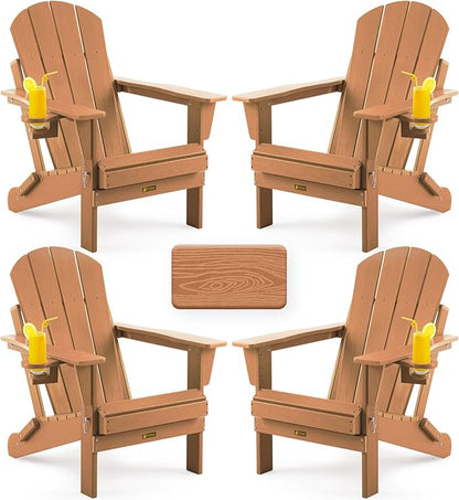 Folding Adirondack Chair, Patio Chair Wood Texture, Outdoor Chair Weather Resistant, Fire Pit Chair with Cup Holder, Composite Adirondack Chair Set of 4(Teak)