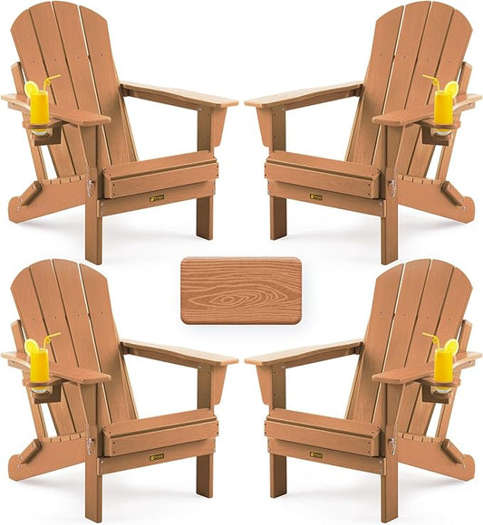 Folding Adirondack Chair, Patio Chair Wood Texture, Outdoor Chair Weather Resistant, Fire Pit Chair with Cup Holder, Composite Adirondack Chair Set of 4(Teak)