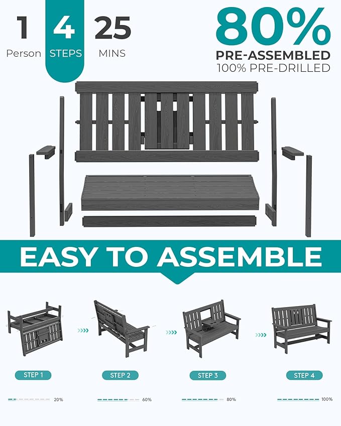 SERWALL Outdoor Bench with Cup Holder, 58" HDPE Garden Park Bench Suitable for 3 Person - Photo 7