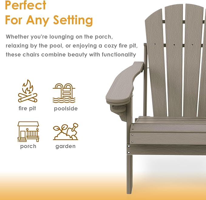 IVY&LANE Folding-Adirondack-Chair | HDPE Plastic | Wood Grain | Outdoor Fire Pit Chairs with Cup Holder | Poly | Weather Resistant | for Patio Deck Poolside Garden Beach