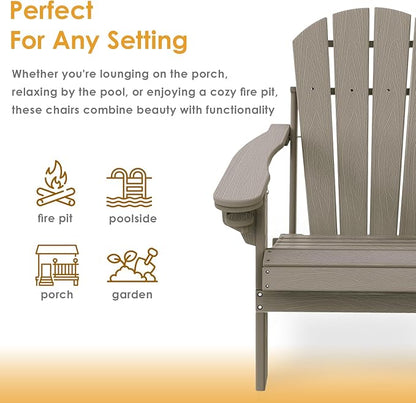 IVY&LANE Folding-Adirondack-Chair | HDPE Plastic | Wood Grain | Outdoor Fire Pit Chairs with Cup Holder | Poly | Weather Resistant | for Patio Deck Poolside Garden Beach