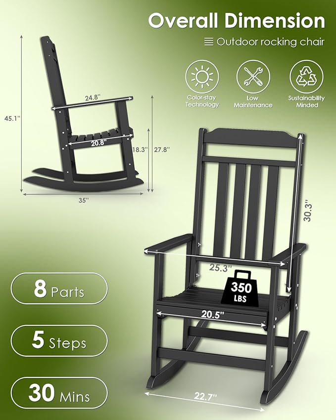 GREENVINES Outdoor-Rocking-Chairs-Set-of-4 | HDPE Plastic | Patio Rockers | Porch Rocker Chair | Oversized | High Back | Big & Tall | Black