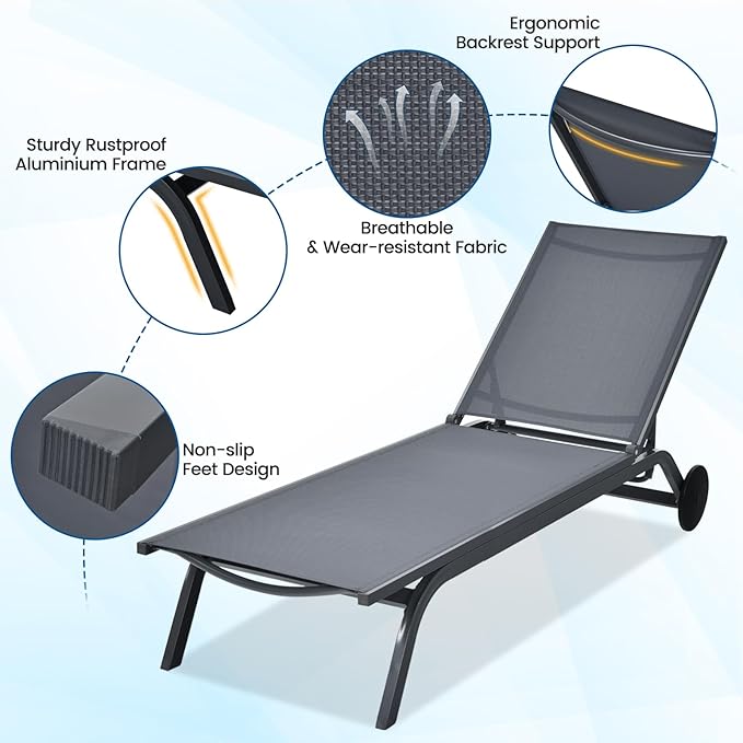 COSTWAY 2 PCS Outdoor Patio Chaise Lounge, 6-Position Adjustable Pool Lounger with Stable Aluminum Frame, Portable Sun Bathing Lounge Chair on Wheels for Backyard Garden, Grey