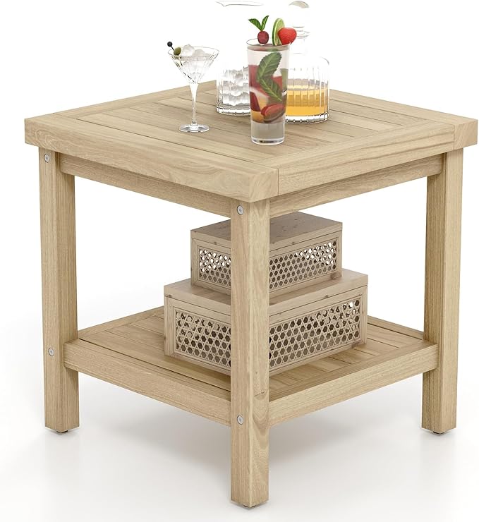 Tangkula 2-Tier Outdoor Side Table, Teak Wood End Table with Storage Shelf, Square Patio Snack Table, Coffee End Table for Porch Deck Garden, Natural