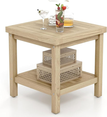 Tangkula 2-Tier Outdoor Side Table, Teak Wood End Table with Storage Shelf, Square Patio Snack Table, Coffee End Table for Porch Deck Garden, Natural