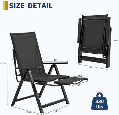 Outdoor Lounge Chairs, Patio Folding Chairs for Outside, Chaise Lounge Chairs with 10 Position Adjustable Backrest & Retractable Footrest for Poolside, Garden, Deck, Lawn, No Assembly, 330lbs, Black