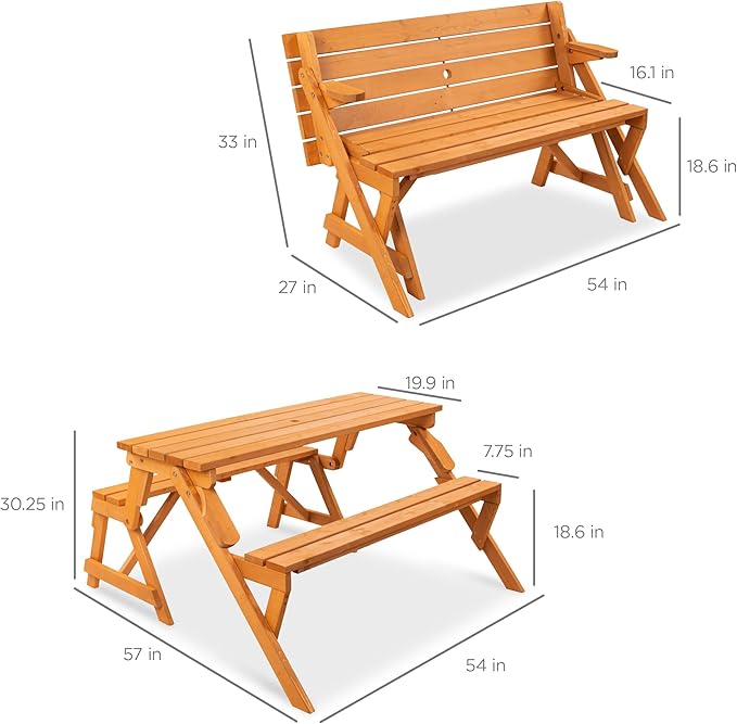 Best Choice Products 2-in-1 Transforming Interchangeable Outdoor Wooden Picnic Table Garden Bench for Backyard, Porch - Photo 7