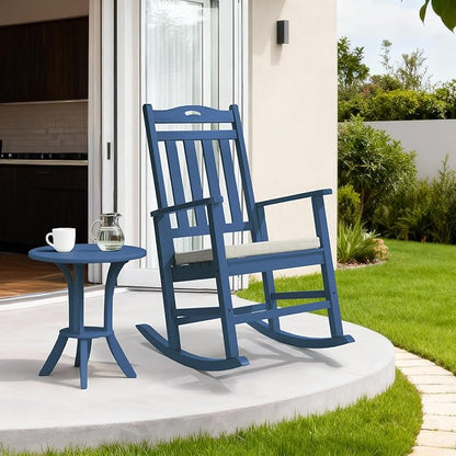VINGLI Outdoor Rocking Chair, Heavy Duty 450 lbs Poplar Wooden Rocking Chair with High Backrest Design, Come with a Cushion, All-Weather Lounge Rocker Support for Garden, Deck (Navy Blue, 1 PC)