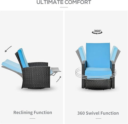 Outsunny Outdoor Wicker Swivel Recliner Chair, Reclining Backrest, Lifting Footrest, 360° Rotating Basic, Water Resistant Cushions for Patio, Light Blue