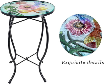 Outdoor Side Table Dragonfly Round Small Patio Accent Table Indoor End Table for Yard, Garden, Living Room, Bistro Balcony or Lawn
