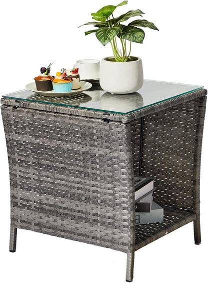 Outdoor Patio Wicker Side Table, Square End Table Bistro Coffee Table with Glass Top Storage Shelf for Porch Garden Backyard Rattan End Table Furniture with Storage (Light Grey)